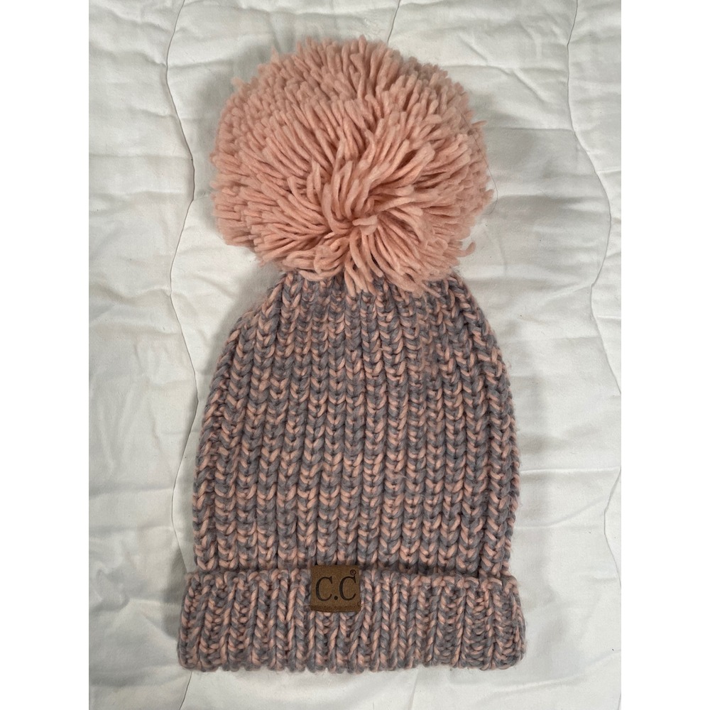 CC Beanie Women Pink Gray Chunky Knit Oversized Pom Beanie Hat Cuff Logo Patch